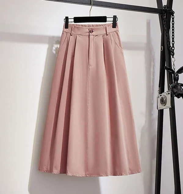 Elegant Solid Casual Pocket Elastic High-Waist A-Line Midi Skirt