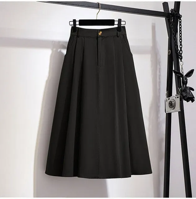 Elegant Solid Casual Pocket Elastic High-Waist A-Line Midi Skirt