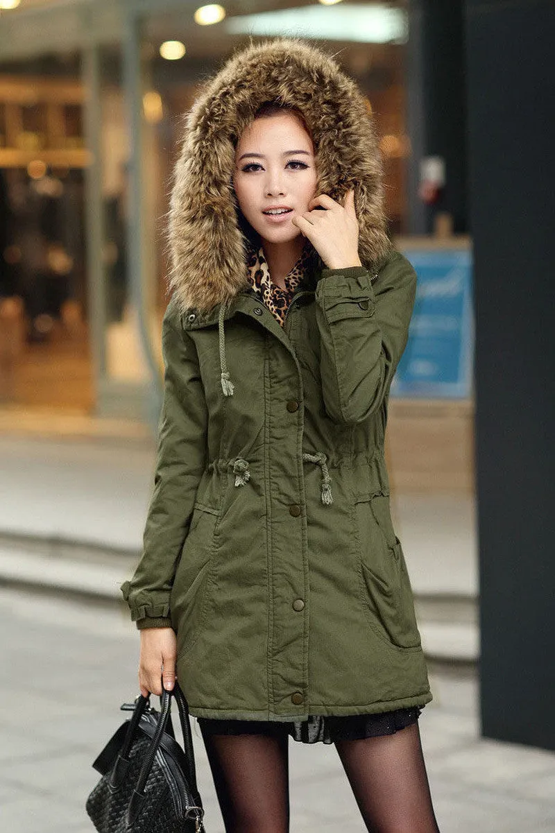 Faux Fur Collar Long Winter Hooded Coat