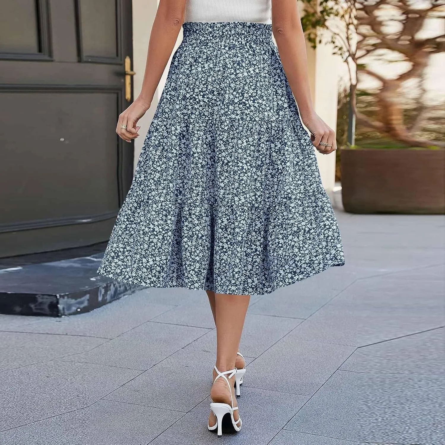 Floral Maxi Skirt for Women Summer Comfy Tiered Elastic High Waisted Skirts Vacation A-Line Flowy Swing Long Skirts