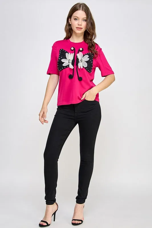 Fuchsia Rhinestone Detail Graphic Soft Fab T Shirt