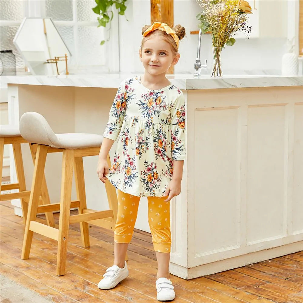 Girls Floral Long Sleeve Top & Polka Dot Pants & Headband