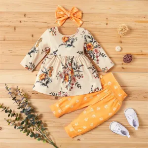 Girls Floral Long Sleeve Top & Polka Dot Pants & Headband