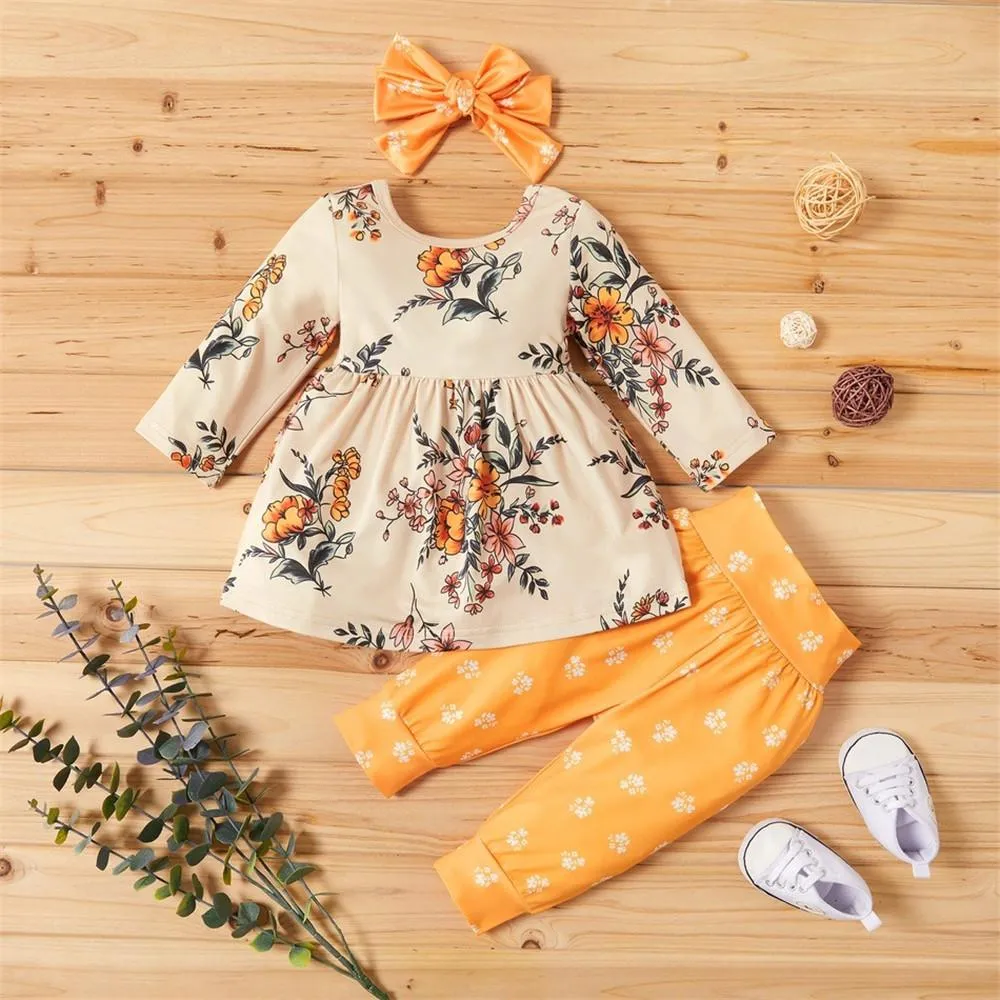 Girls Floral Long Sleeve Top & Polka Dot Pants & Headband