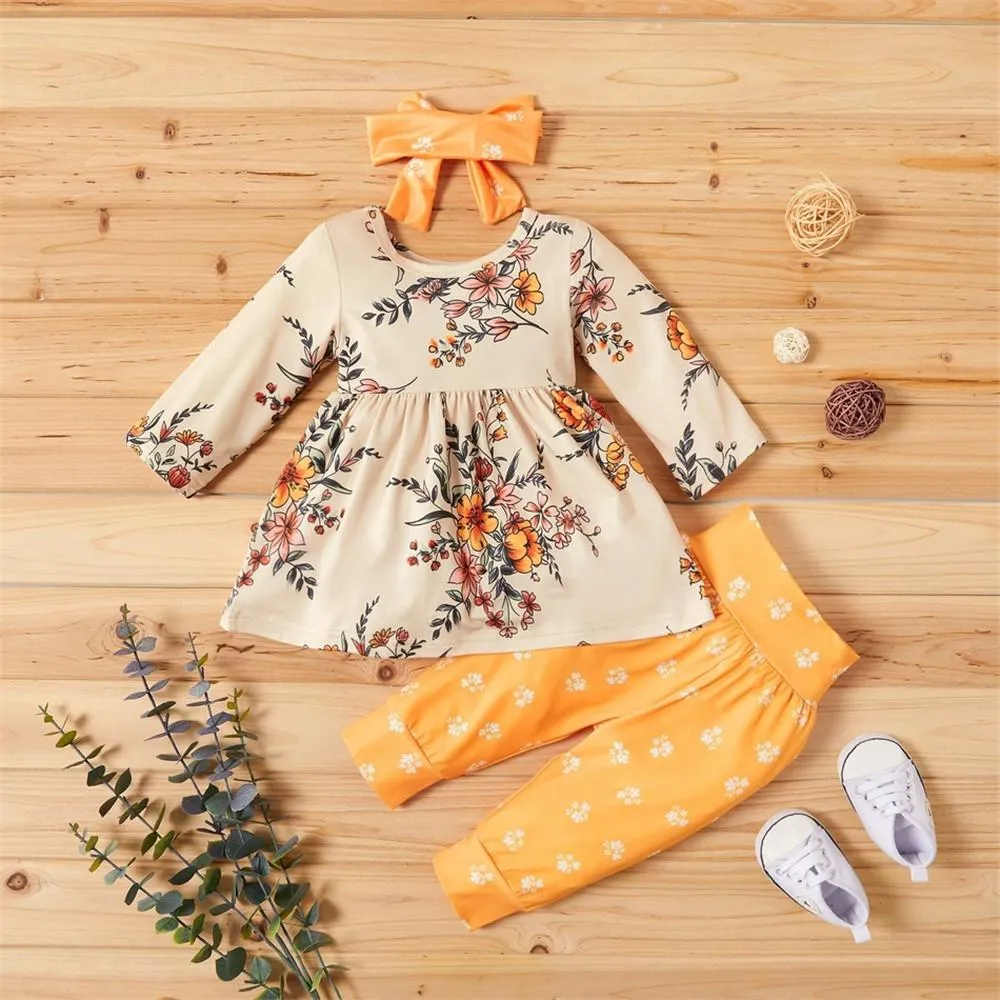 Girls Floral Long Sleeve Top & Polka Dot Pants & Headband