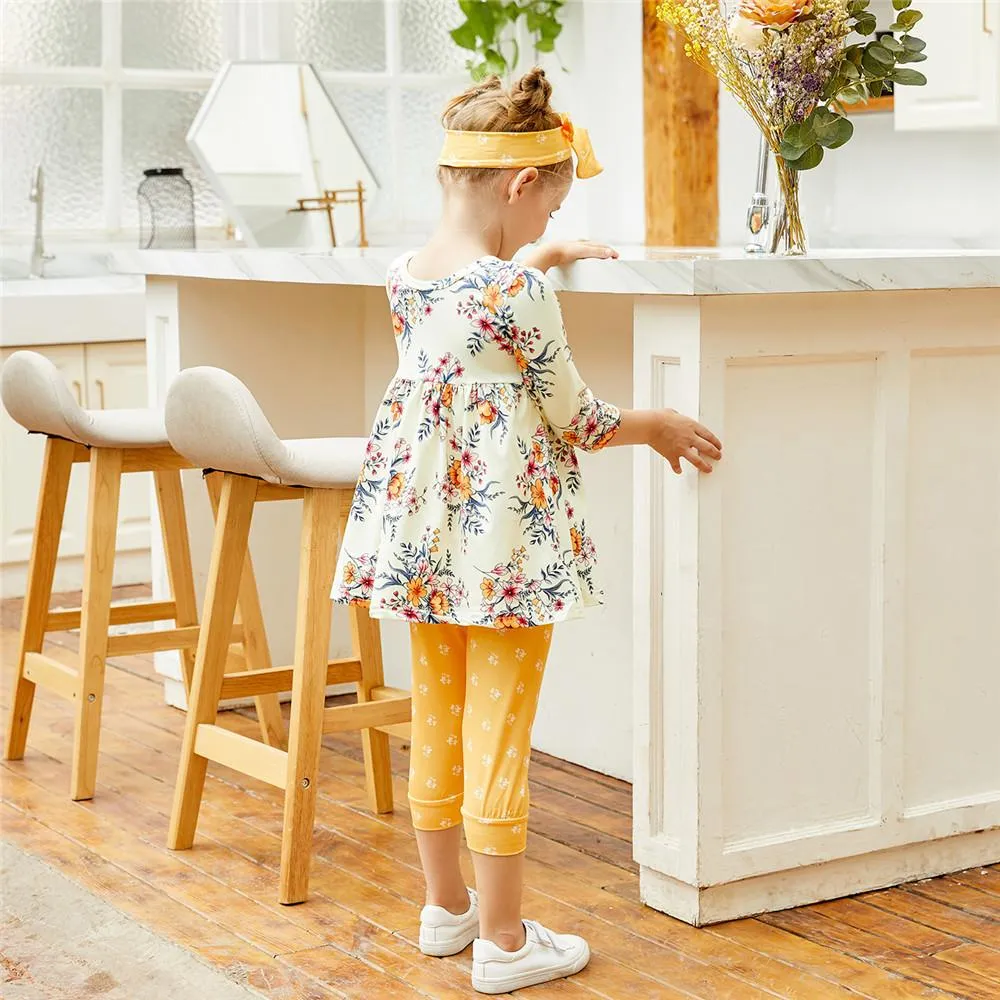 Girls Floral Long Sleeve Top & Polka Dot Pants & Headband