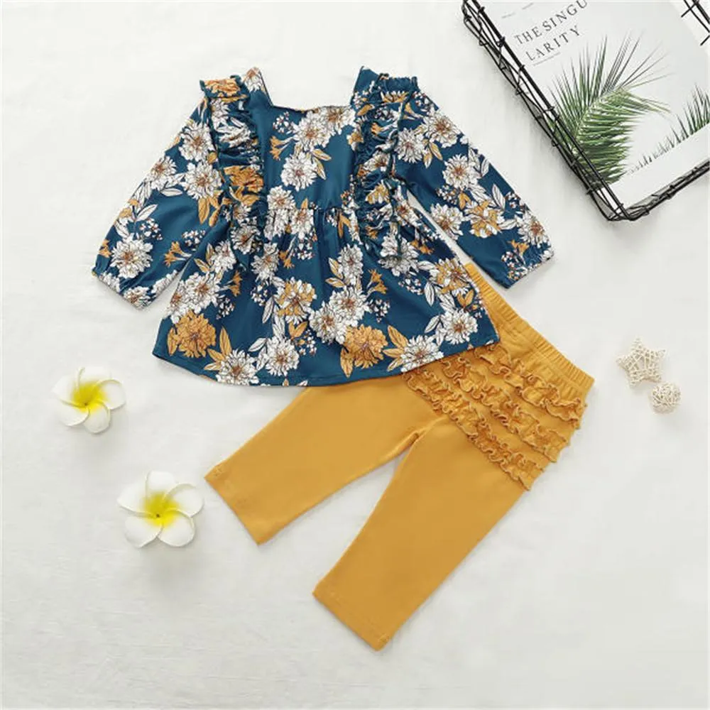 Girls Floral Printed Long Sleeve Ruffle Blouse & Solid Pants