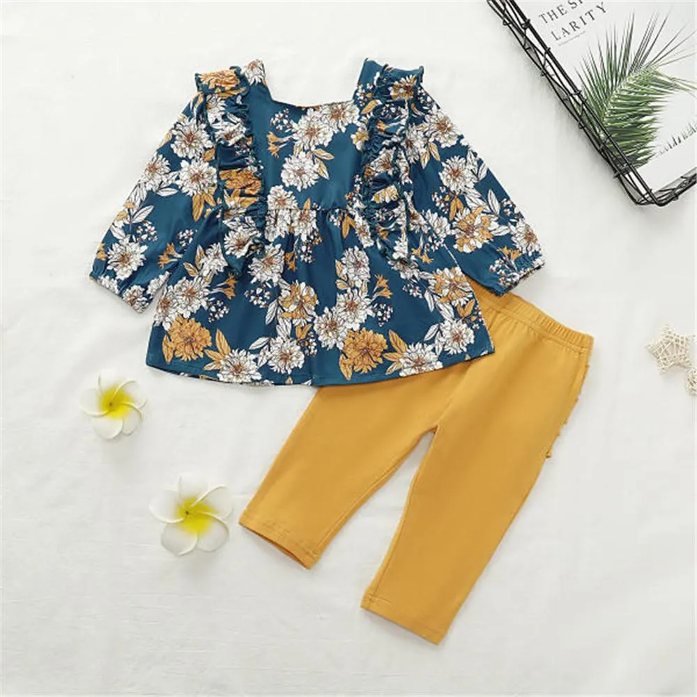 Girls Floral Printed Long Sleeve Ruffle Blouse & Solid Pants