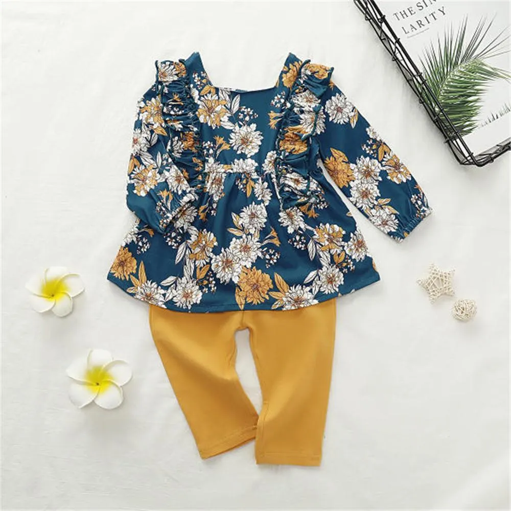Girls Floral Printed Long Sleeve Ruffle Blouse & Solid Pants