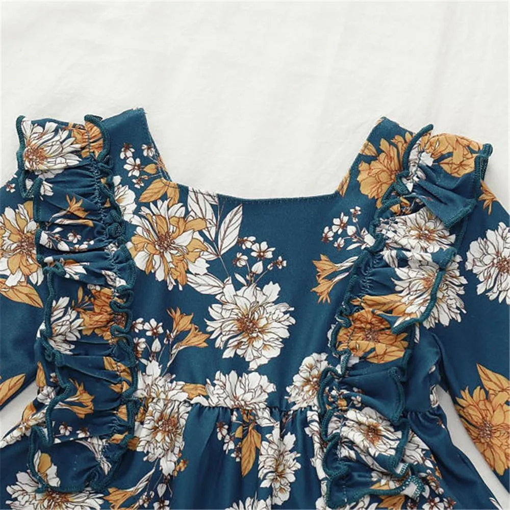 Girls Floral Printed Long Sleeve Ruffle Blouse & Solid Pants