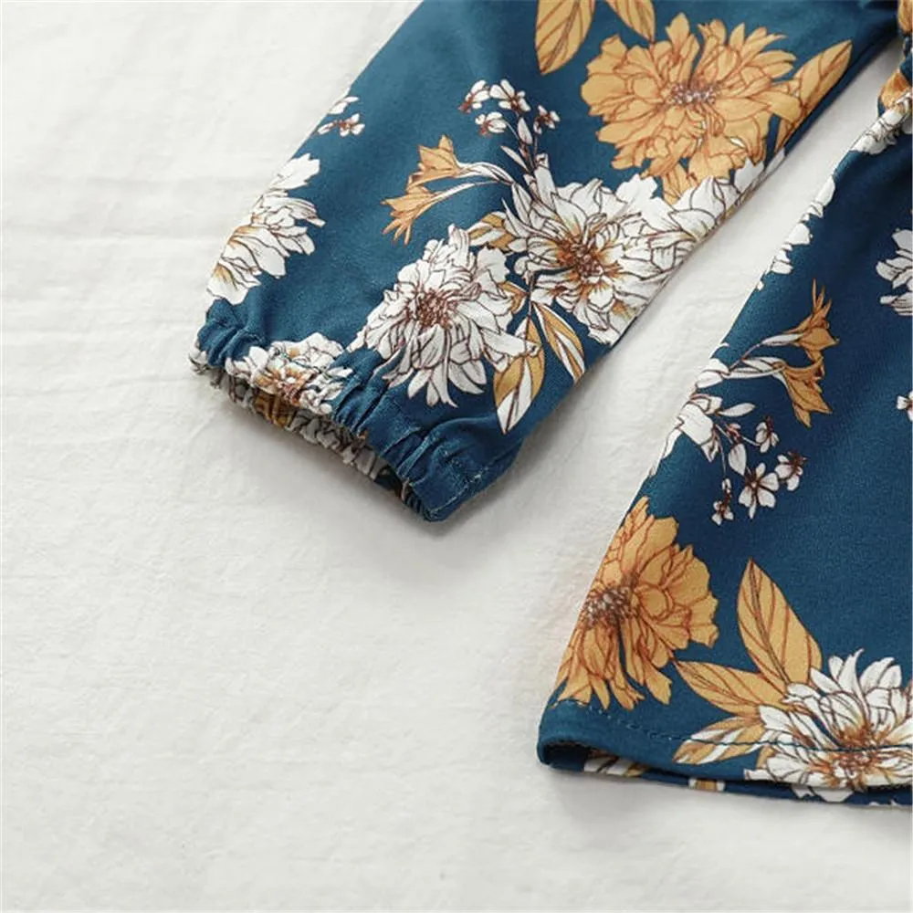Girls Floral Printed Long Sleeve Ruffle Blouse & Solid Pants