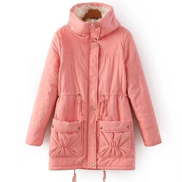 High Neck Solid Color Pockets Women Oversized Winter Warm Coat
