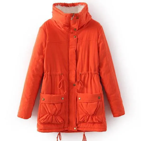 High Neck Solid Color Pockets Women Oversized Winter Warm Coat