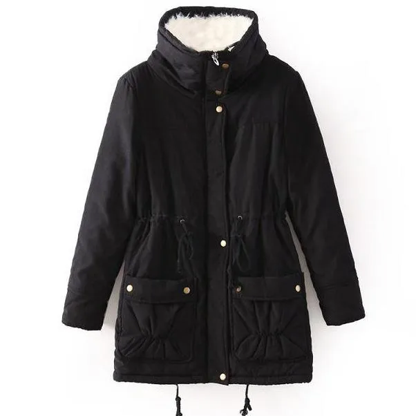 High Neck Solid Color Pockets Women Oversized Winter Warm Coat