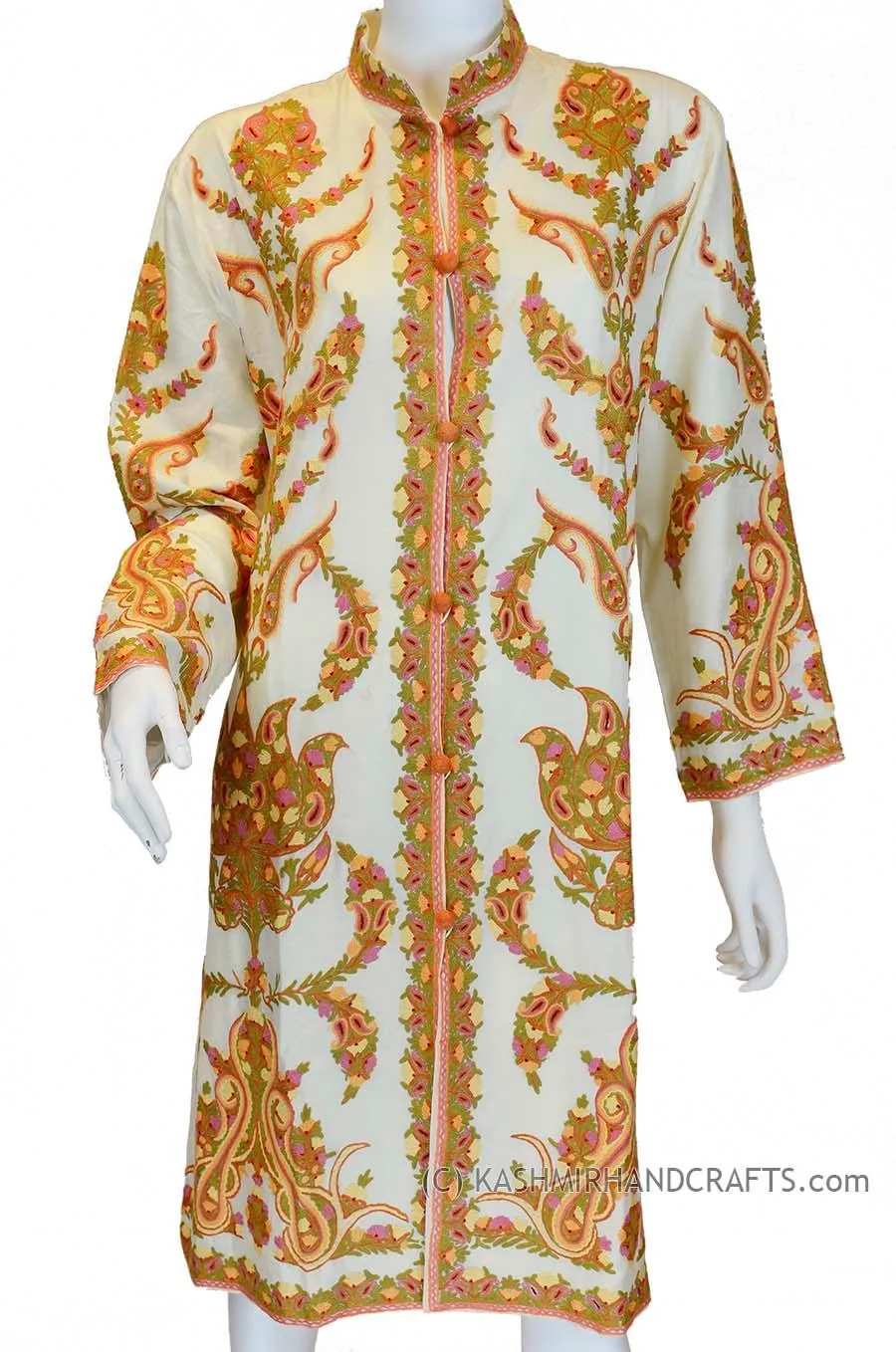 Ivory Silk Jacket Dinner Paisley Cream Evening Dress Coat Hand Embroidered Kashmir