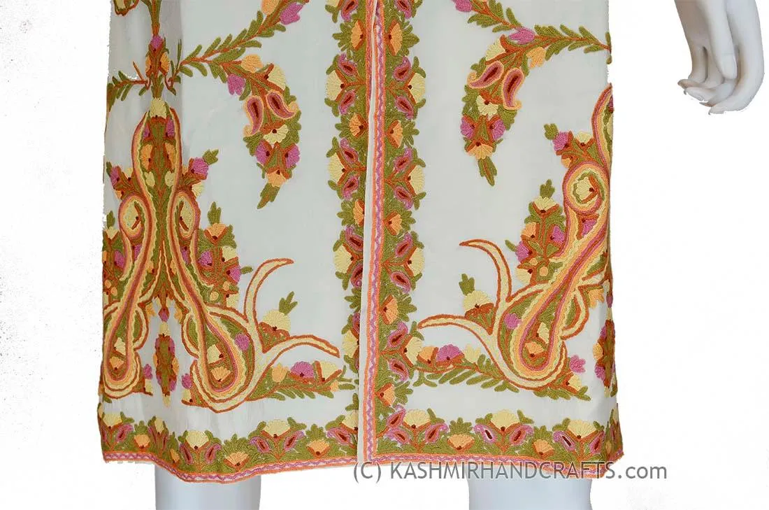 Ivory Silk Jacket Dinner Paisley Cream Evening Dress Coat Hand Embroidered Kashmir