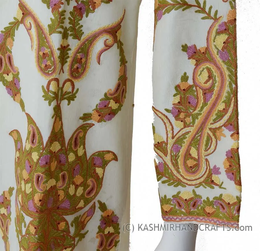 Ivory Silk Jacket Dinner Paisley Cream Evening Dress Coat Hand Embroidered Kashmir