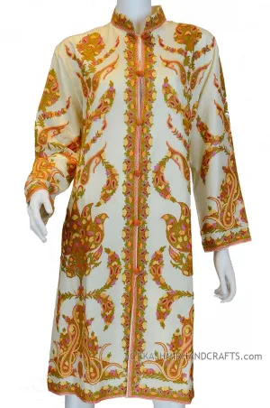 Ivory Silk Jacket Dinner Paisley Cream Evening Dress Coat Hand Embroidered Kashmir