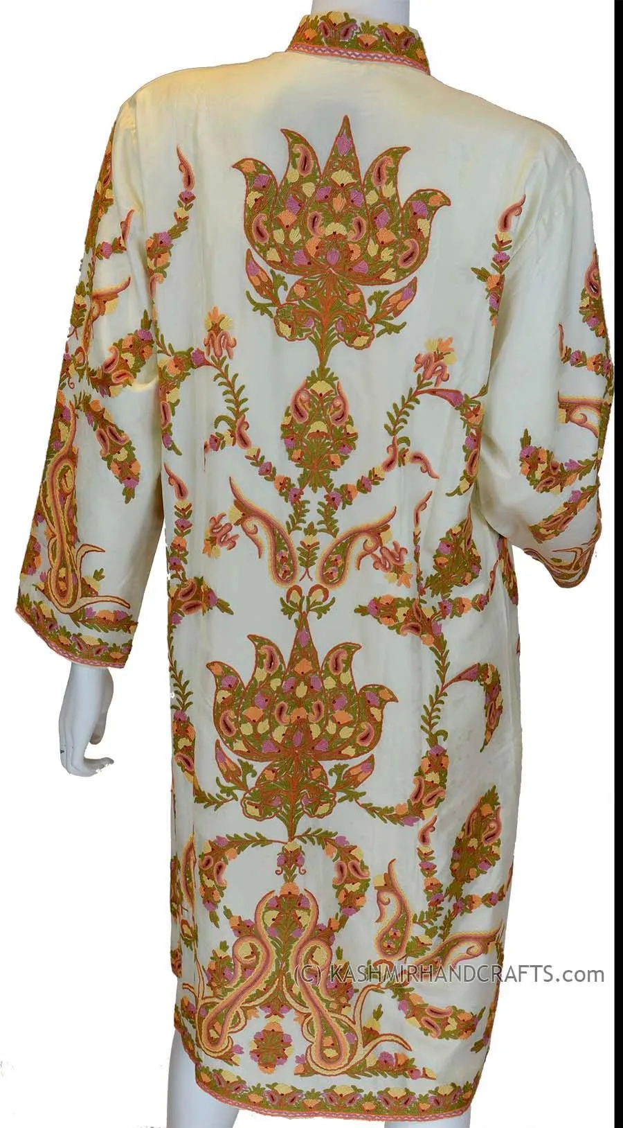 Ivory Silk Jacket Dinner Paisley Cream Evening Dress Coat Hand Embroidered Kashmir