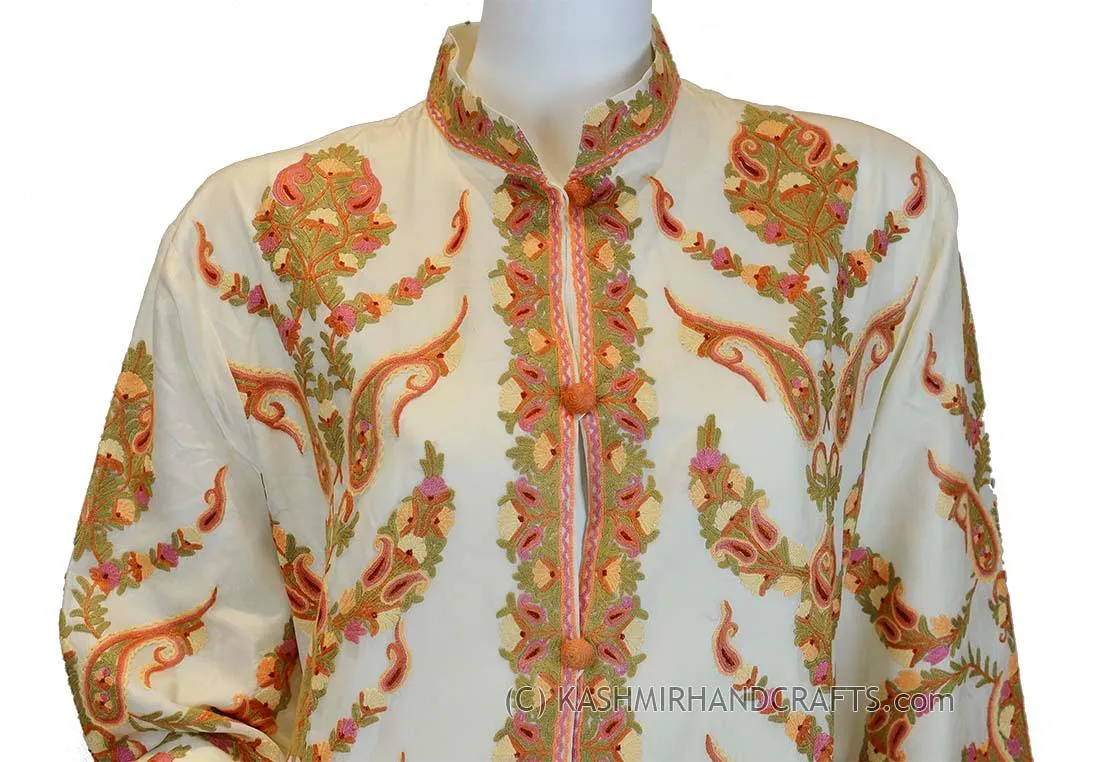 Ivory Silk Jacket Dinner Paisley Cream Evening Dress Coat Hand Embroidered Kashmir