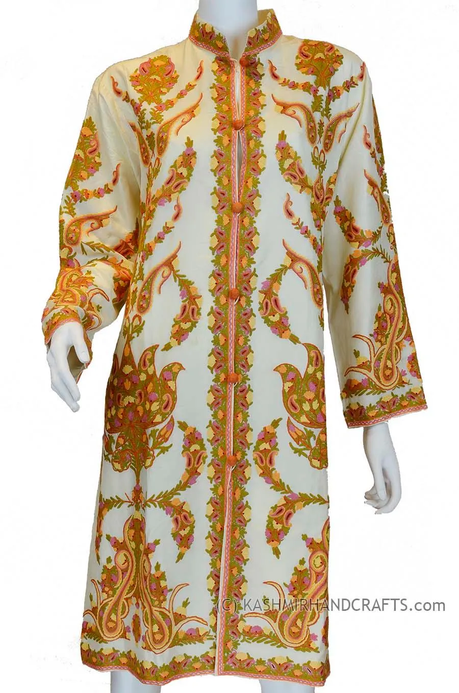 Ivory Silk Jacket Dinner Paisley Cream Evening Dress Coat Hand Embroidered Kashmir