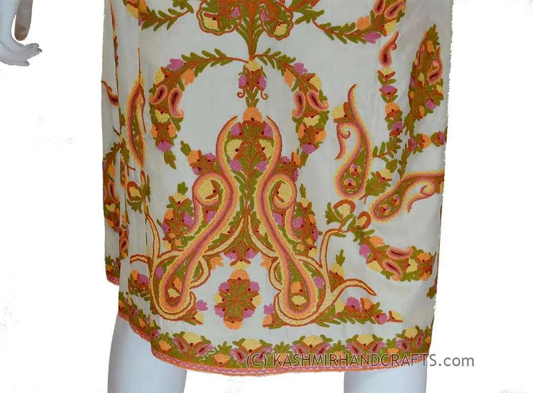 Ivory Silk Jacket Dinner Paisley Cream Evening Dress Coat Hand Embroidered Kashmir