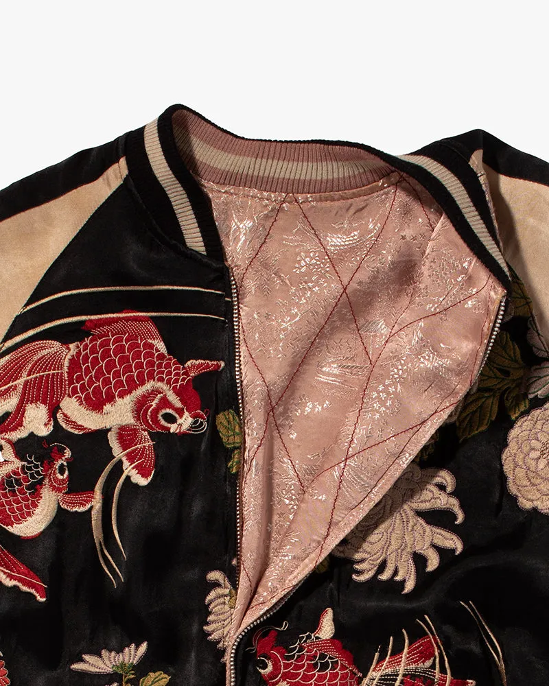 Japanese Repro Souvenir Jacket, Reversible, Black Goldfish and Chrysanthemums - M