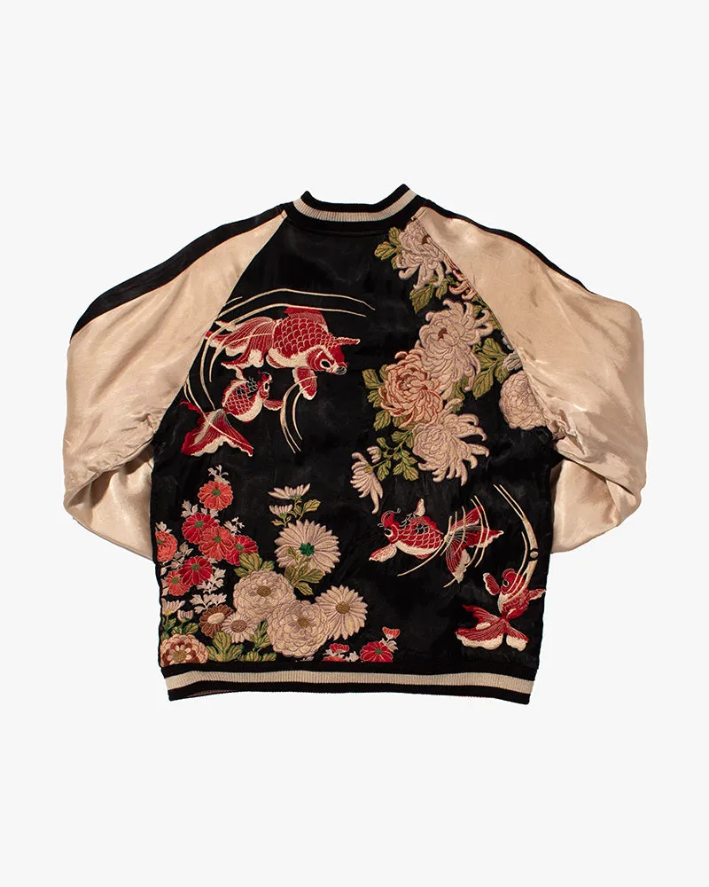 Japanese Repro Souvenir Jacket, Reversible, Black Goldfish and Chrysanthemums - M