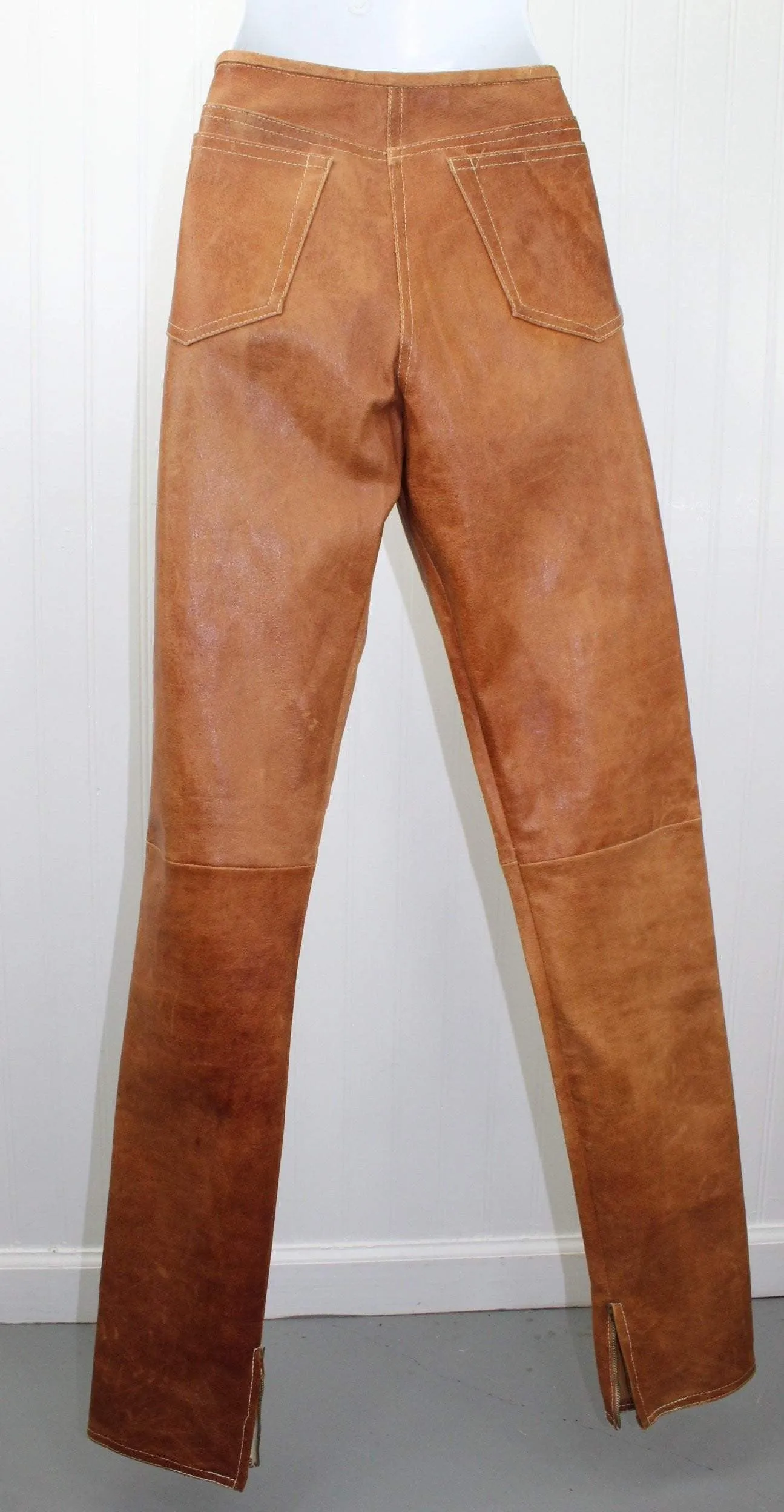 Jitrois France Womens Caramel Leather Pants - Slim Leg Lambskin Size 40 Dbl Stitch - 32" Waist