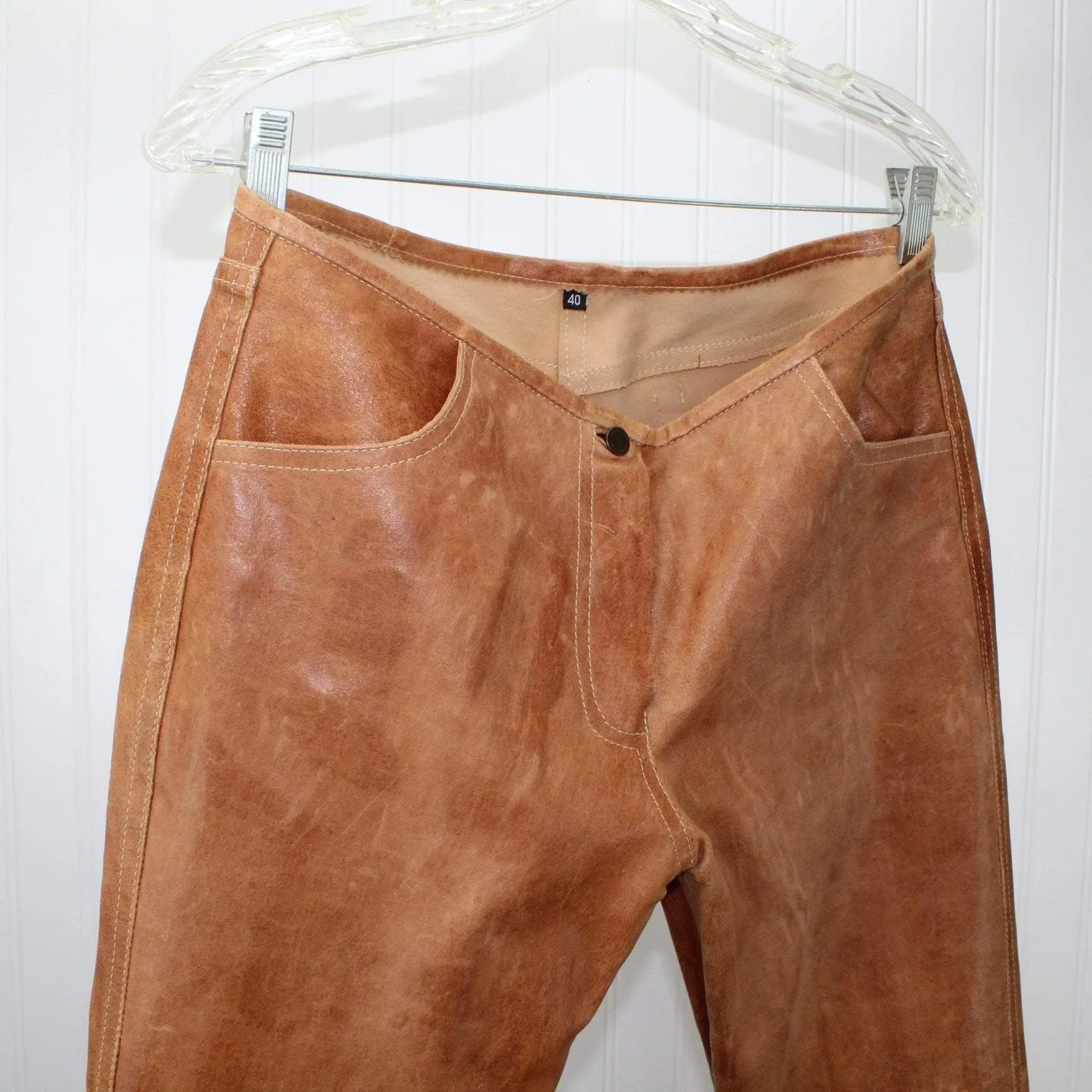 Jitrois France Womens Caramel Leather Pants - Slim Leg Lambskin Size 40 Dbl Stitch - 32" Waist