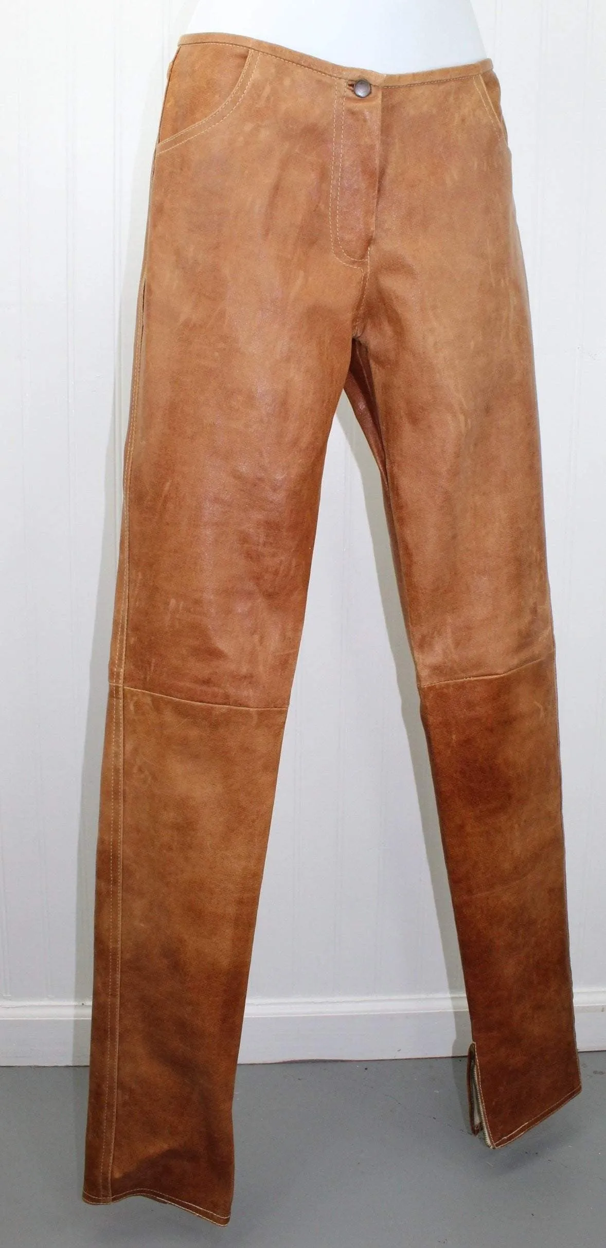 Jitrois France Womens Caramel Leather Pants - Slim Leg Lambskin Size 40 Dbl Stitch - 32" Waist