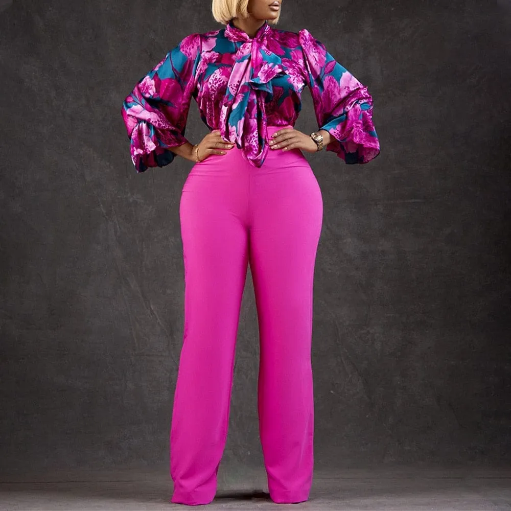 Long Sleeve Shirt Wide Leg Pants Two Piece Set Office Lady Matching Outfits