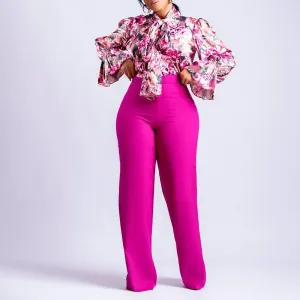 Long Sleeve Shirt Wide Leg Pants Two Piece Set Office Lady Matching Outfits