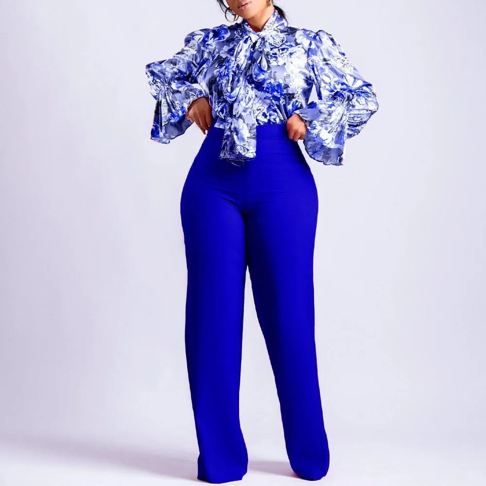Long Sleeve Shirt Wide Leg Pants Two Piece Set Office Lady Matching Outfits