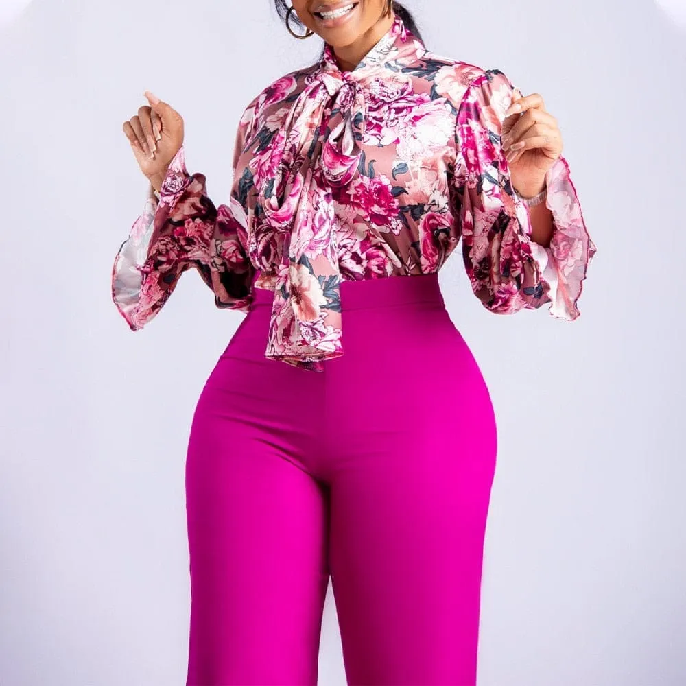 Long Sleeve Shirt Wide Leg Pants Two Piece Set Office Lady Matching Outfits