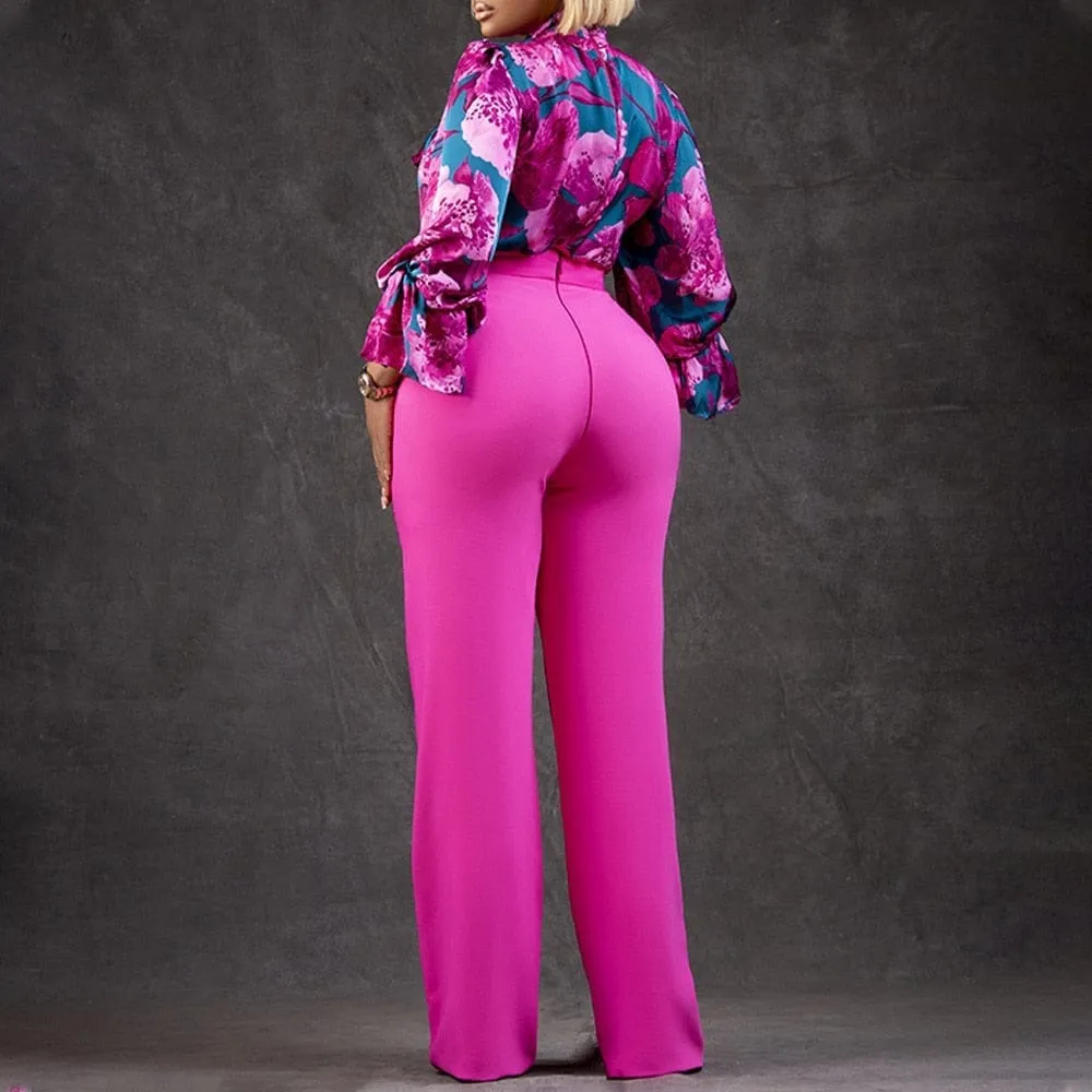 Long Sleeve Shirt Wide Leg Pants Two Piece Set Office Lady Matching Outfits