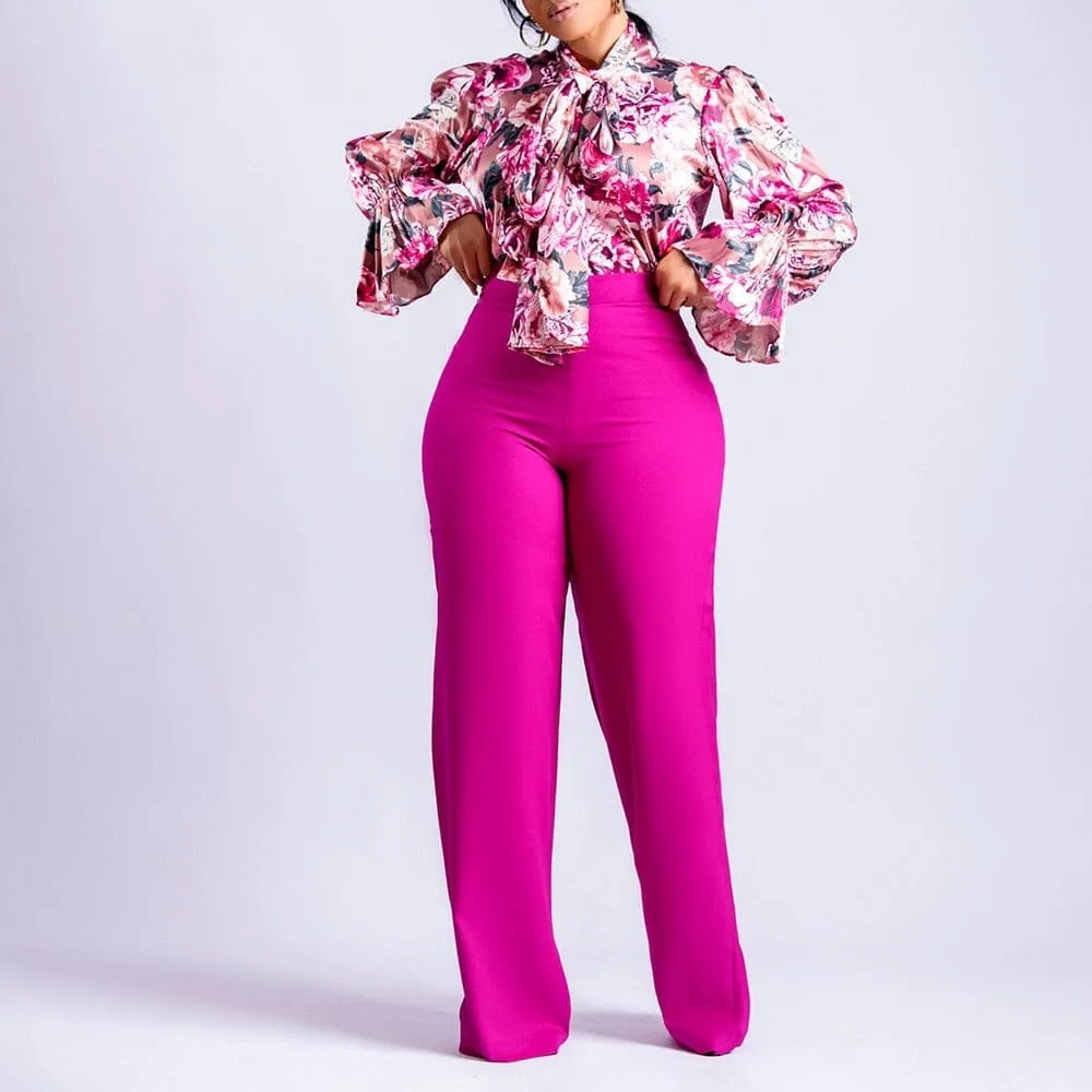 Long Sleeve Shirt Wide Leg Pants Two Piece Set Office Lady Matching Outfits