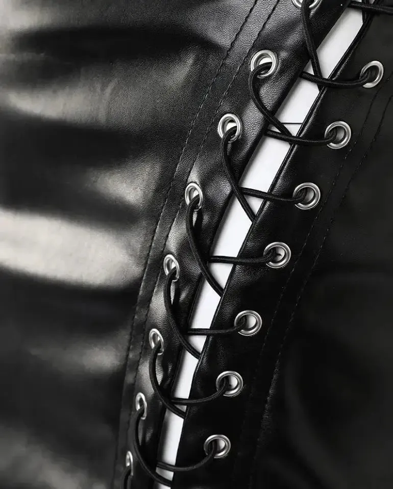 LVSANW Skirts Woman Fashion 2022 High Waist Pu Leather Eyelet Lace-Up Skirt Sexy Black Hip Lift Slim Mini Dress Party Club Streetwear