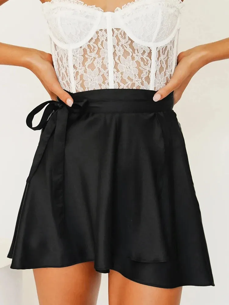 LVSANW Women’s Wrap Satin A-Line Short Skirt Solid Ruffle Elegant Vintage High Waist Lace Up Beach Skirt Suitable For Office Ladies