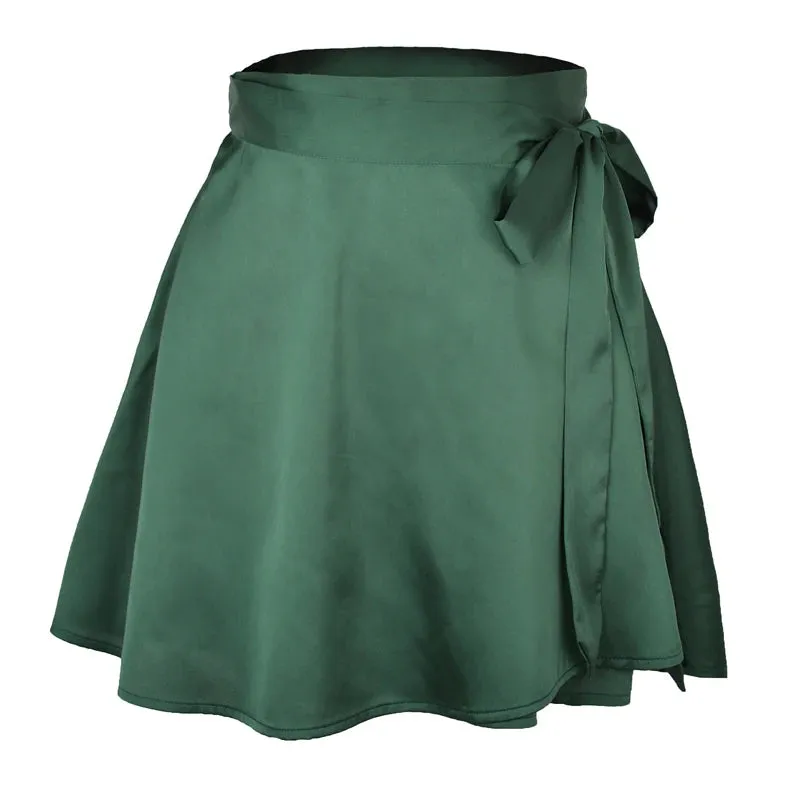 LVSANW Women’s Wrap Satin A-Line Short Skirt Solid Ruffle Elegant Vintage High Waist Lace Up Beach Skirt Suitable For Office Ladies