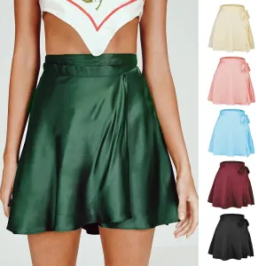 LVSANW Women’s Wrap Satin A-Line Short Skirt Solid Ruffle Elegant Vintage High Waist Lace Up Beach Skirt Suitable For Office Ladies
