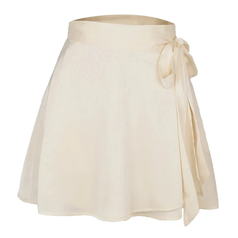 LVSANW Women’s Wrap Satin A-Line Short Skirt Solid Ruffle Elegant Vintage High Waist Lace Up Beach Skirt Suitable For Office Ladies