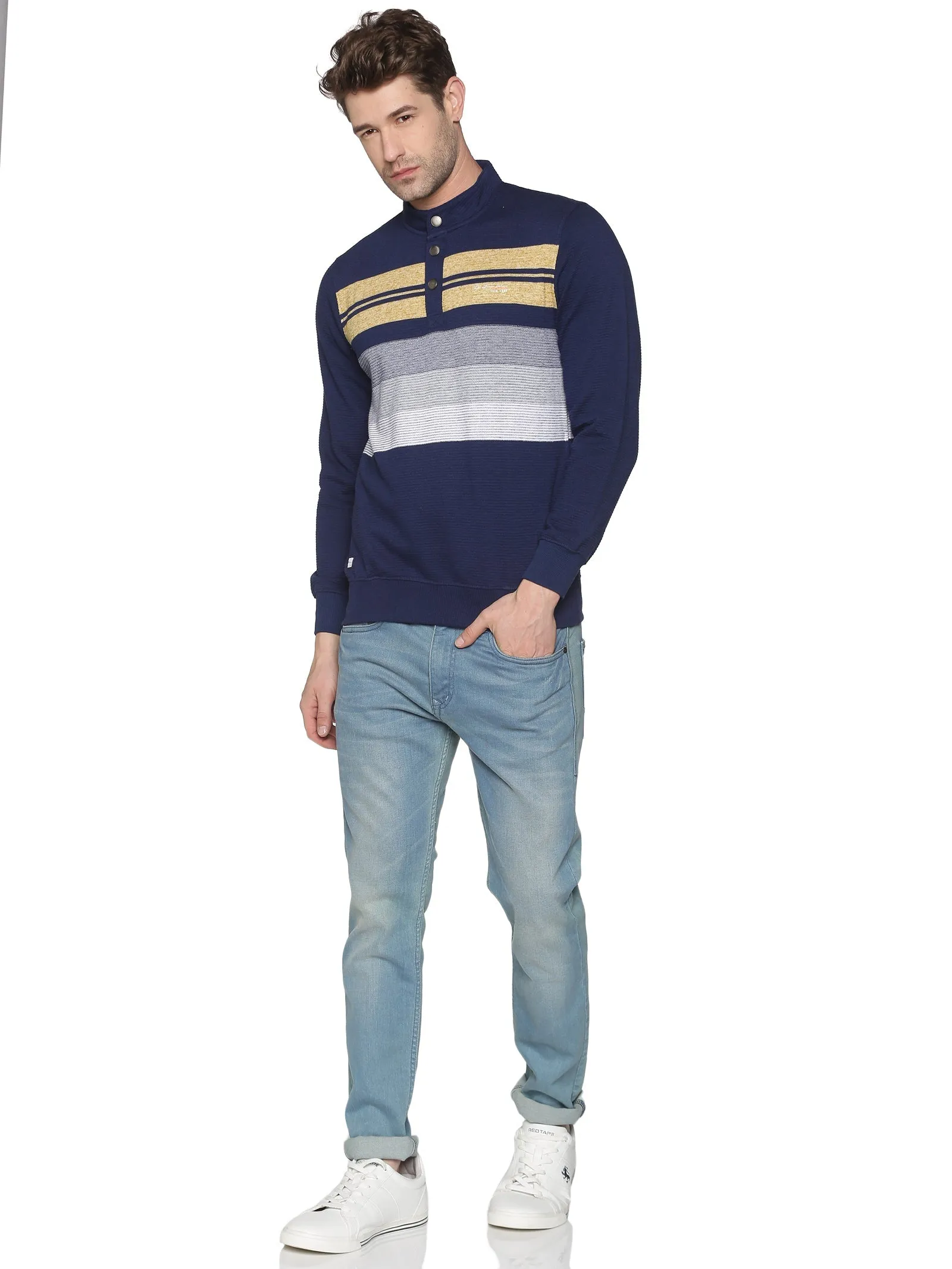 Men Navy Blue Striped Pullovers