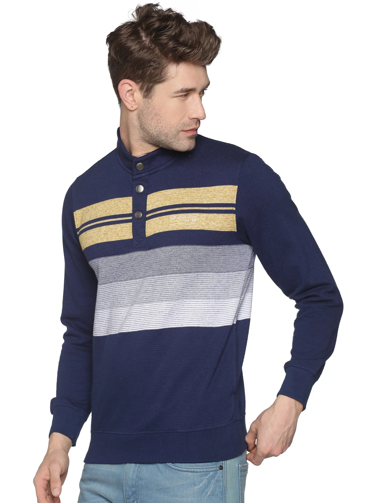 Men Navy Blue Striped Pullovers