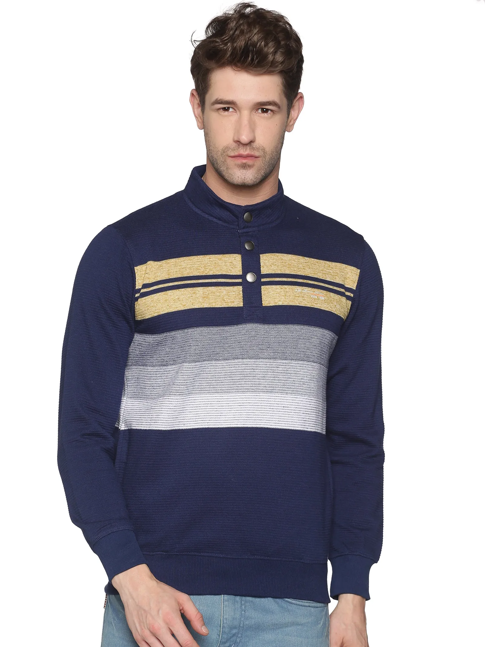 Men Navy Blue Striped Pullovers