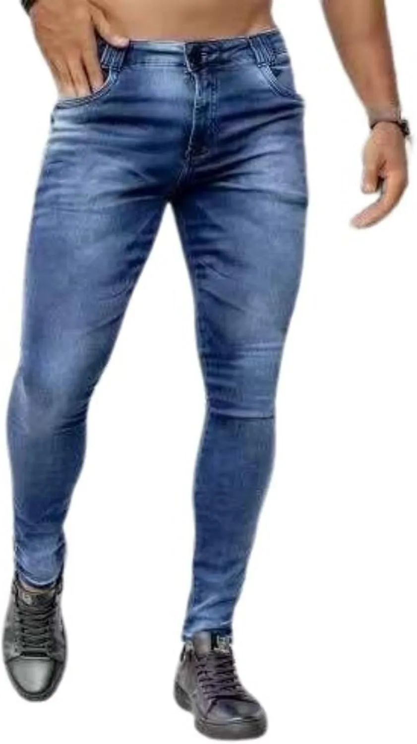 Men's Skinny Jeans Stretch Ripped Tapered Leg Slim-fit Denim Pants Stretch High Waist Elastic Pants
