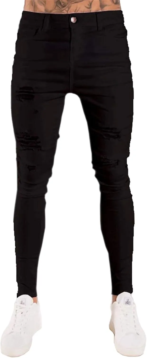 Men's Skinny Stretch Tapered Leg Jeans Slim Fit Distressed Denim Pants