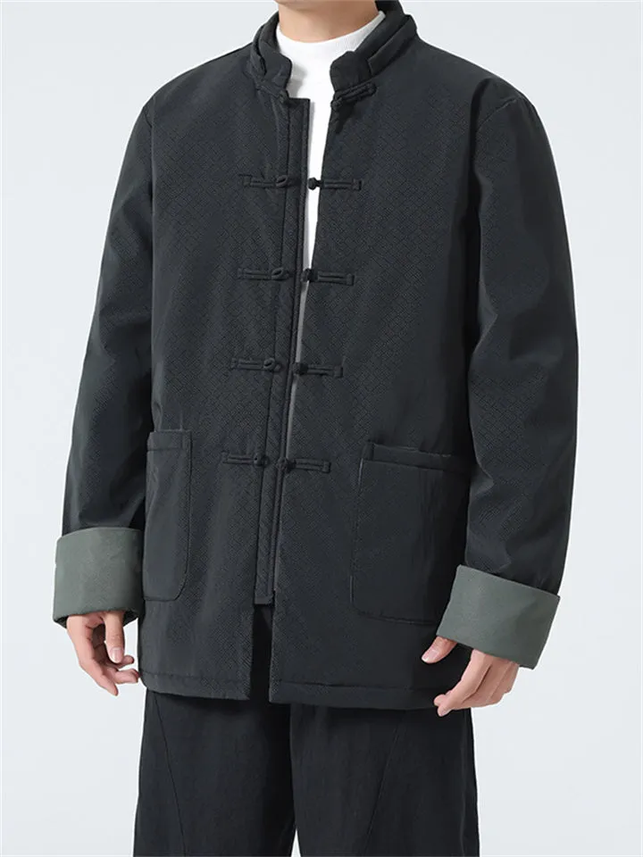 Men's Warm Tang Suit Style Quilted Coat with Detachable Hood