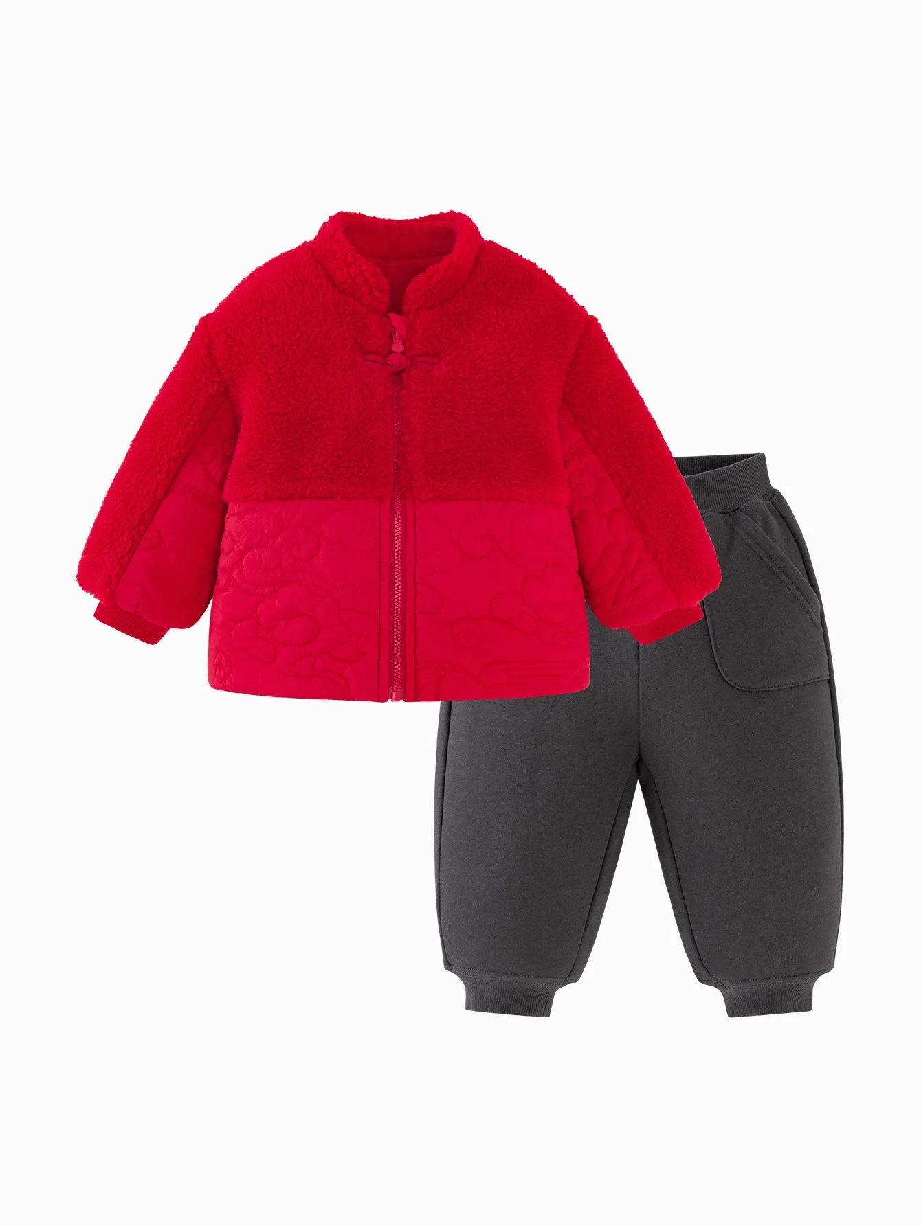 minibala Baby Unisex Comfortable Thick Plush Open-front Cotton New Year Greetings Suit Two-piece Set