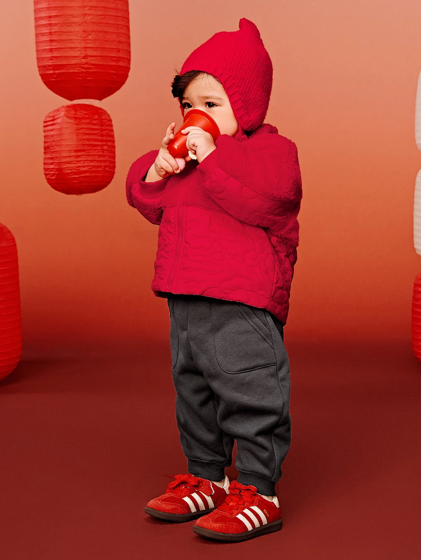 minibala Baby Unisex Comfortable Thick Plush Open-front Cotton New Year Greetings Suit Two-piece Set